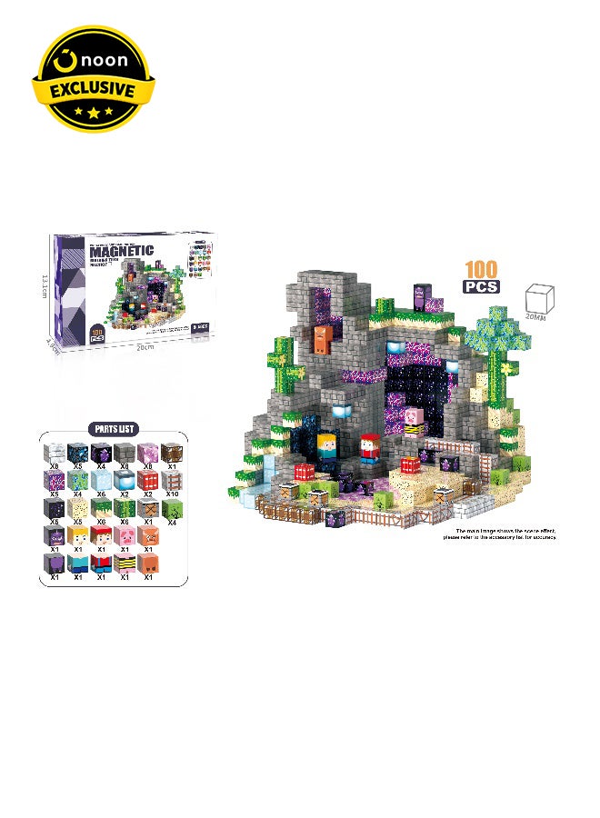 Magni Mates Magnetic Mini Blocks Set 100 Pieces – 2cm DIY Magnetic Cube Building Set with Minecraft Style Cave Scene, Characters and Terrain Blocks for Creative STEM Play - Image 1